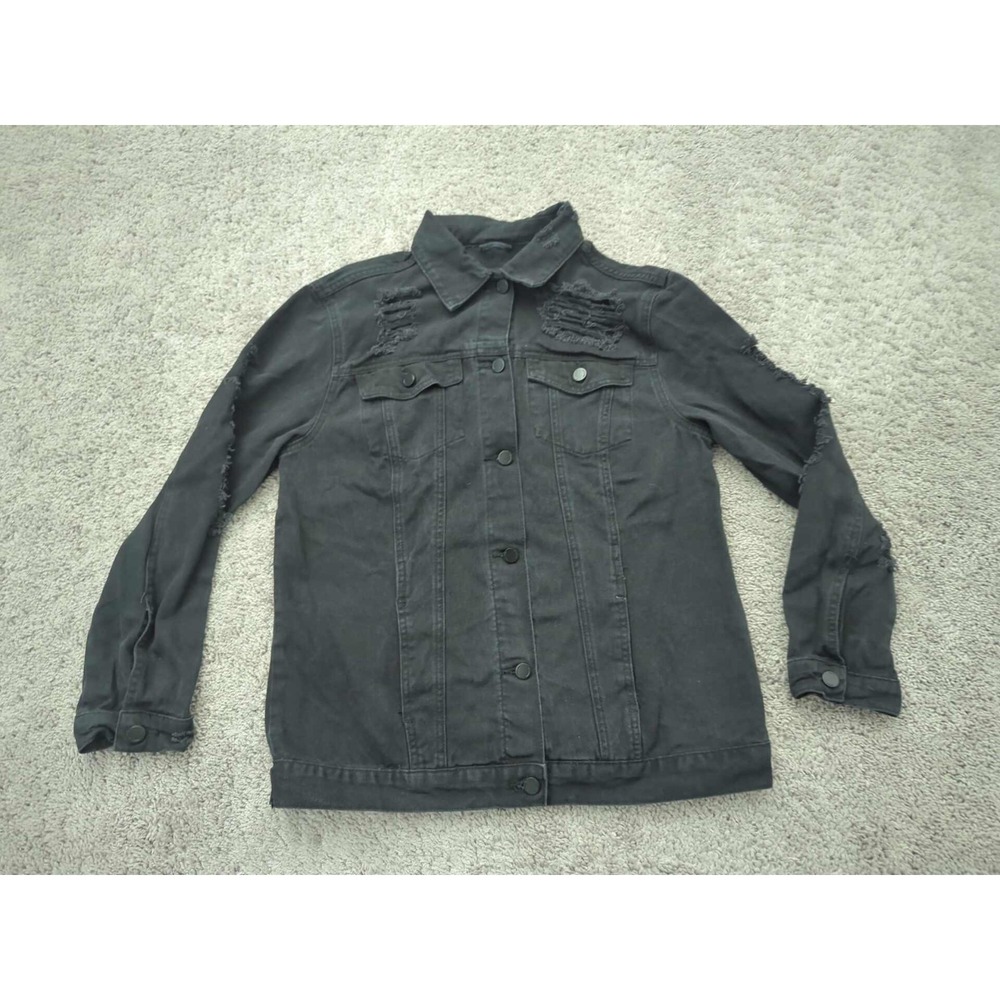 Fashion Nova Denim Jacket Womens Large Grunge Button Up Distressed Pockets